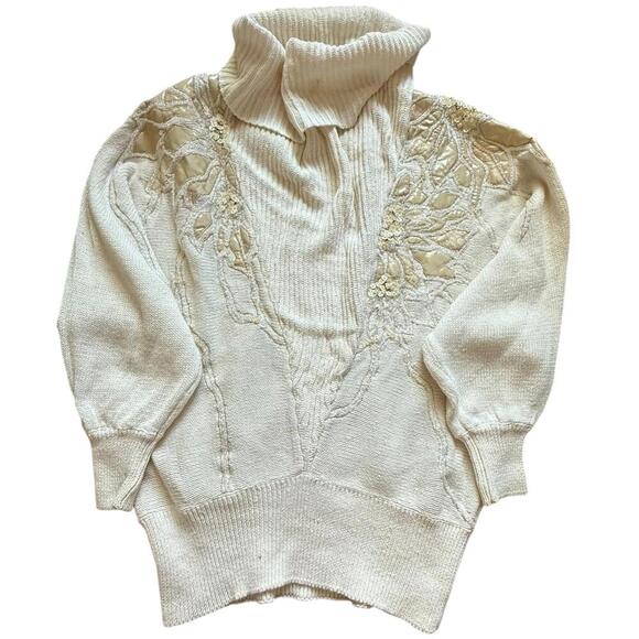 Bonnie Boerer Vintage 80s Sequin Floral Appliqué Turtleneck Sweater Medium - Picture 1 of 6